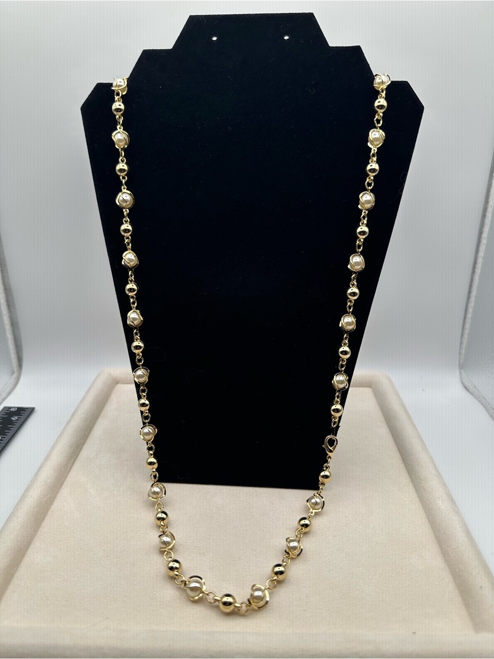 Gold Tone Faux Pearl Station Chain Necklace Caged Swirl Bead Long Statement 36" - Picture 2 of 3
